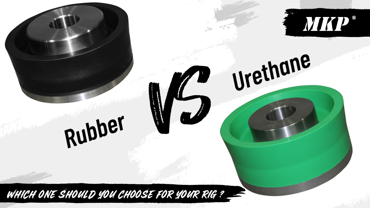 A rubber piston and urethane piston on a white background with a "vs" in between them and text that reads "which one should you choose for your rig?".