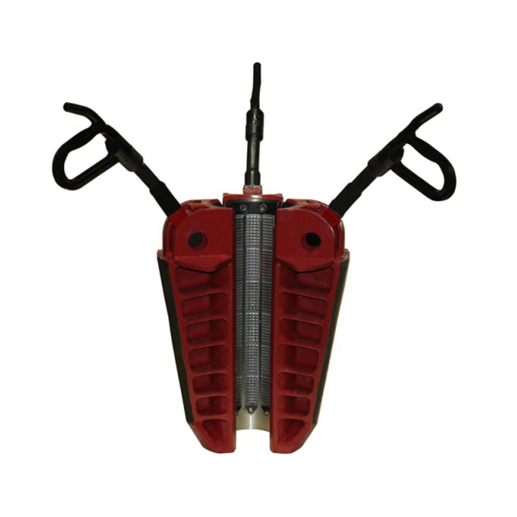 Red hydraulic rescue tool with dual handles extended, used for vehicle extrication by emergency responders