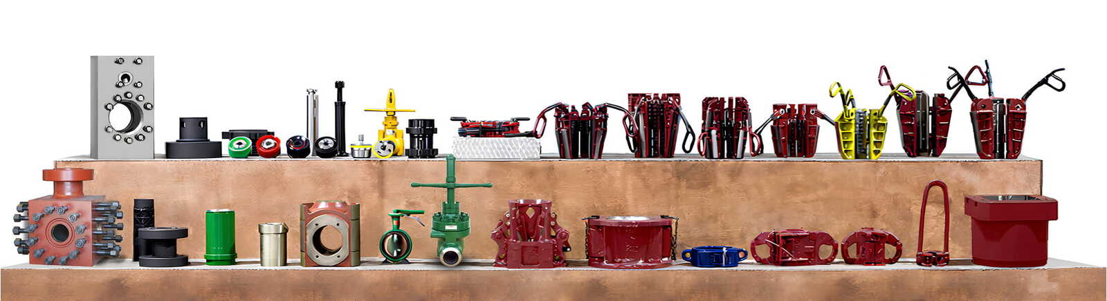 Industrial Valve Components and Fittings Arranged on Two Wooden Shelves Including Valves Flanges Seals and Actuators